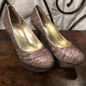 Gold and purple sparkle heels